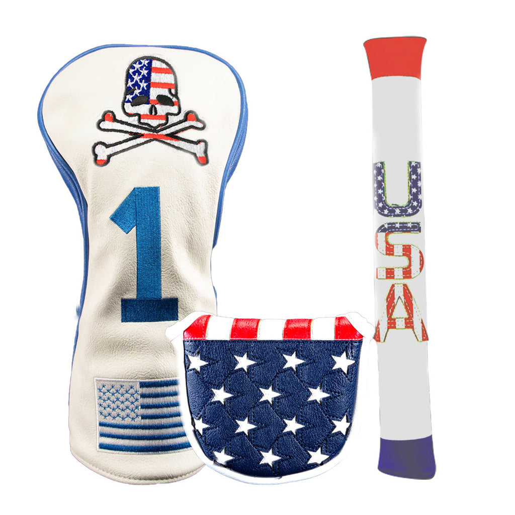 USA patriotic golf headcover set — skull embroidery driver cover, stars stripes mallet putter, USA alignment stick cover