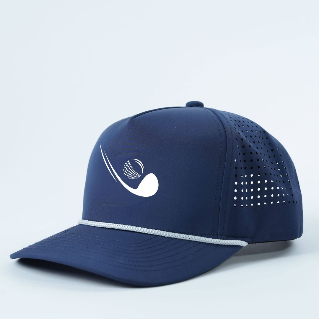 Custom Laser-Perforated Golf Snapback Cap - Navy Blue Front View with Logo