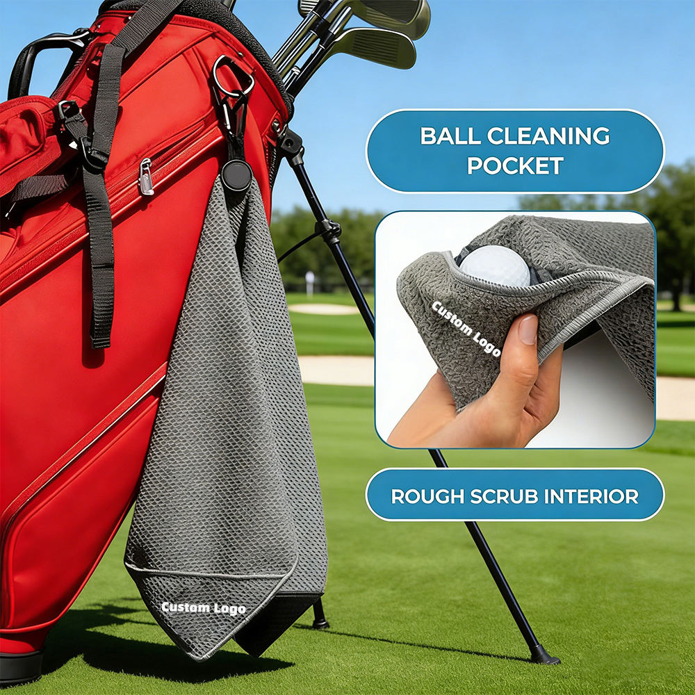 Elite Performance Golf Towel Magnetic Waffle Microfiber Built-in Brush Ball Cleaning Pocket OEM