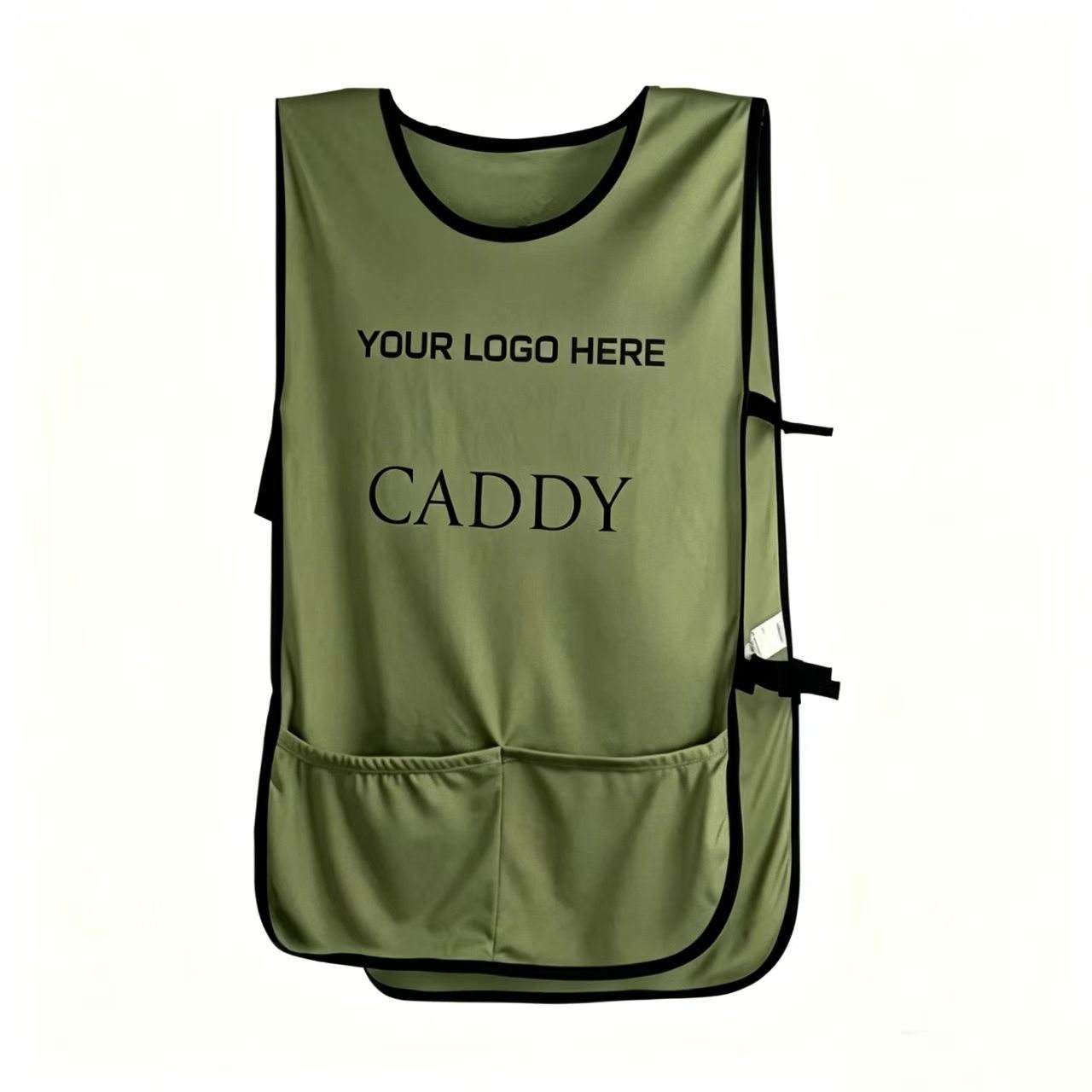 Army green solid color golf caddie bib custom logo front view