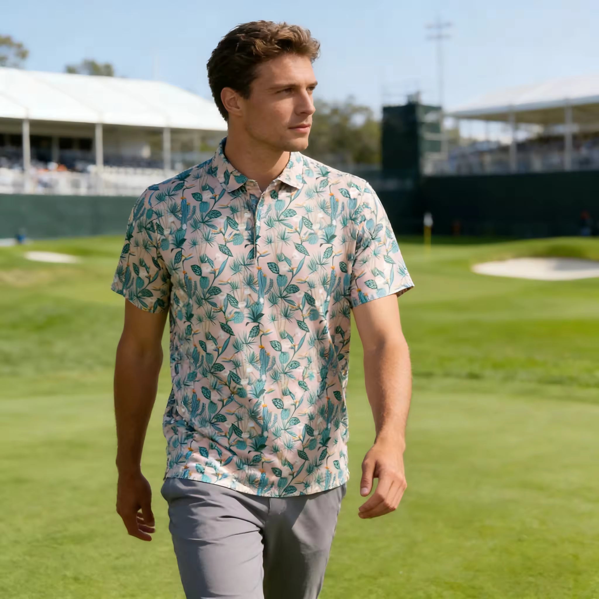 Men's golf polo cream botanical print walking fairway