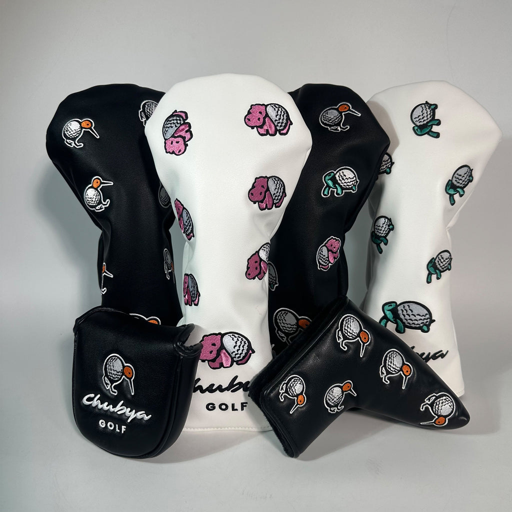 Custom cartoon character golf headcovers — Chubya Golf mascot embroidery on black and white PU leather