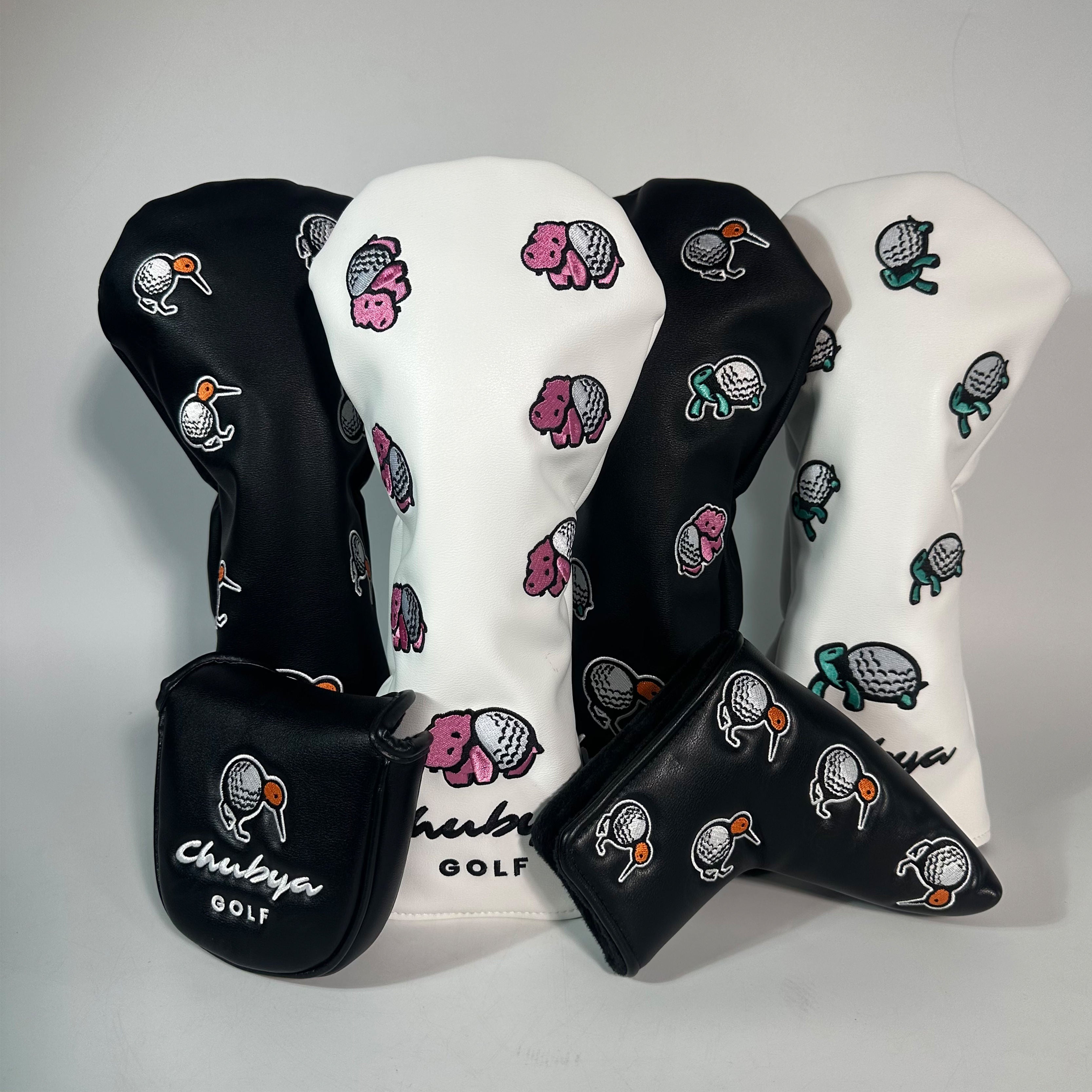 Custom cartoon character golf headcovers — Chubya Golf mascot embroidery on black and white PU leather
