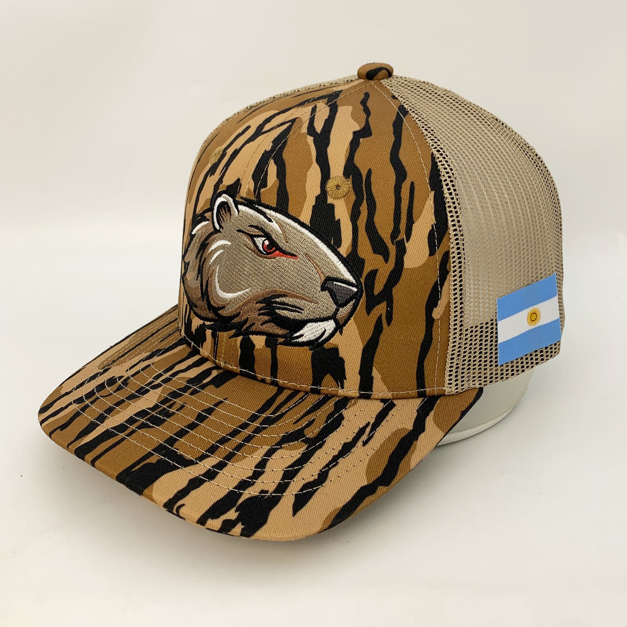 Custom Tiger Camo Trucker Hat with Lion Embroidery