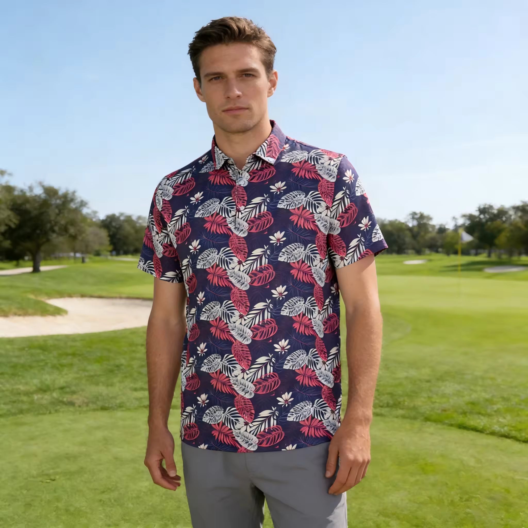 Men's golf polo navy tropical floral red white print
