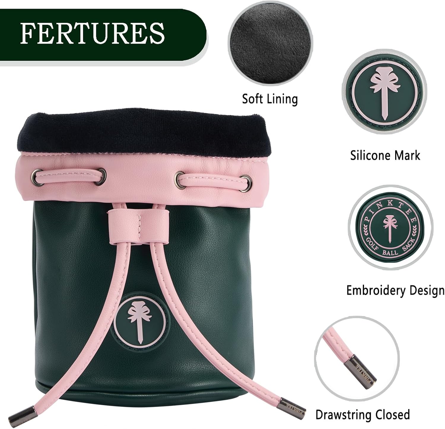 Golf ball pouch features - soft lining drawstring closure silicone mark dark green pink