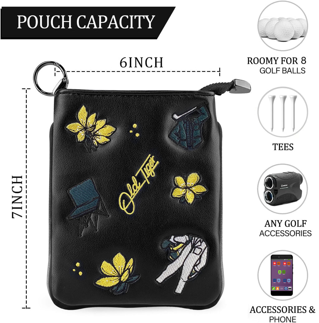 Black PU leather golf pouch capacity 6x7 inch holds 8 golf balls tees phone