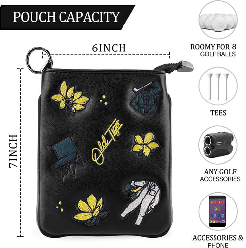 Black PU leather golf pouch capacity 6x7 inch holds 8 golf balls tees phone