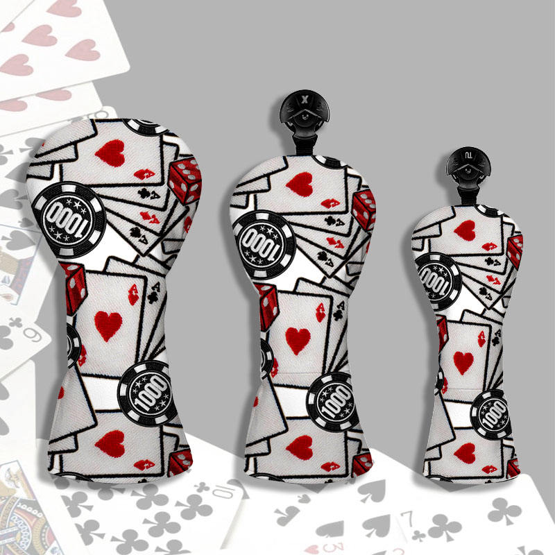 Playing cards casino chips embroidered golf headcover set driver fairway hybrid lifestyle scene