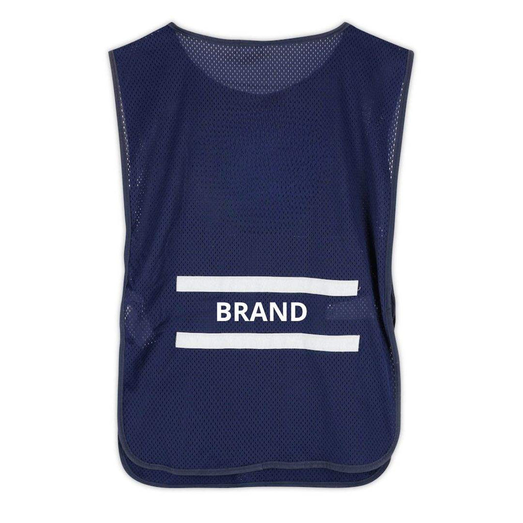 Navy mesh golf caddie bib name and brand print front and back view