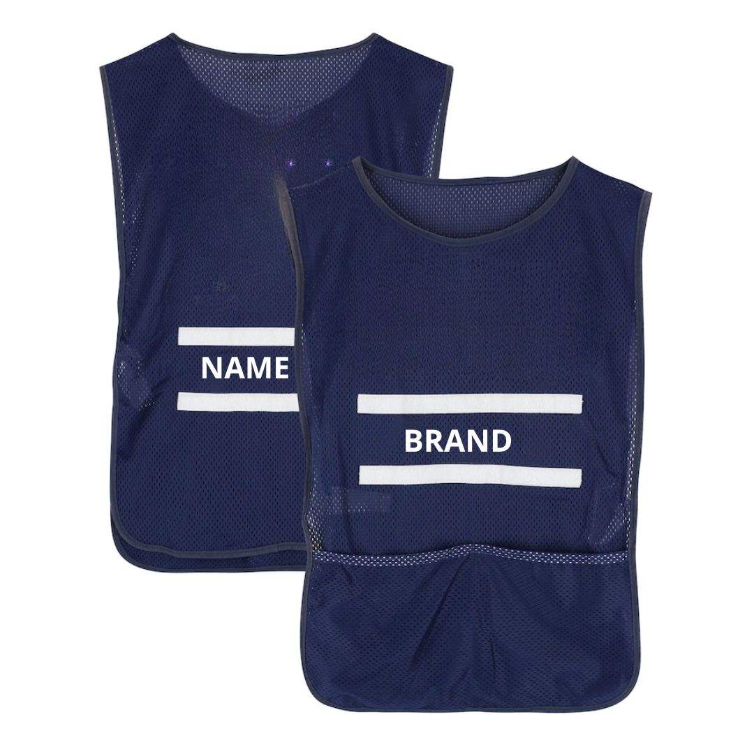 Navy mesh golf caddie bib brand print front view
