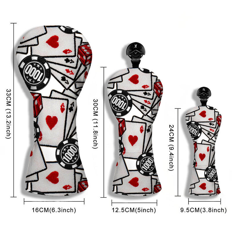 Playing cards casino chips embroidered golf driver headcover size chart 33cm 30cm 24cm