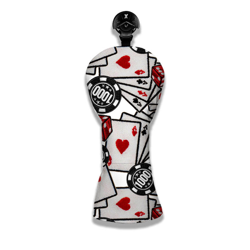 Playing cards casino chips embroidered golf fairway wood headcover white PU leather front view