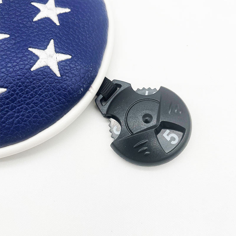 Rotating club number tag on USA golf headcover pull tab — 1 3 5 iron identifier