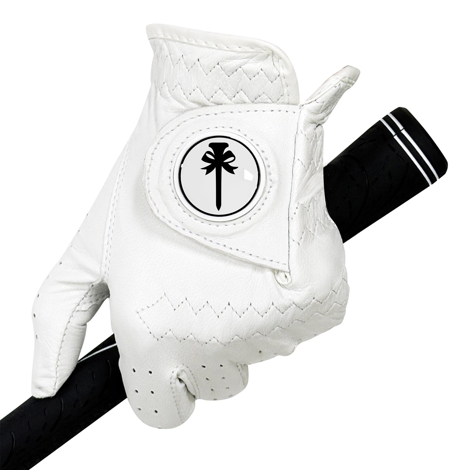 Women's cabretta leather golf glove gripping club with black ball marker close-up