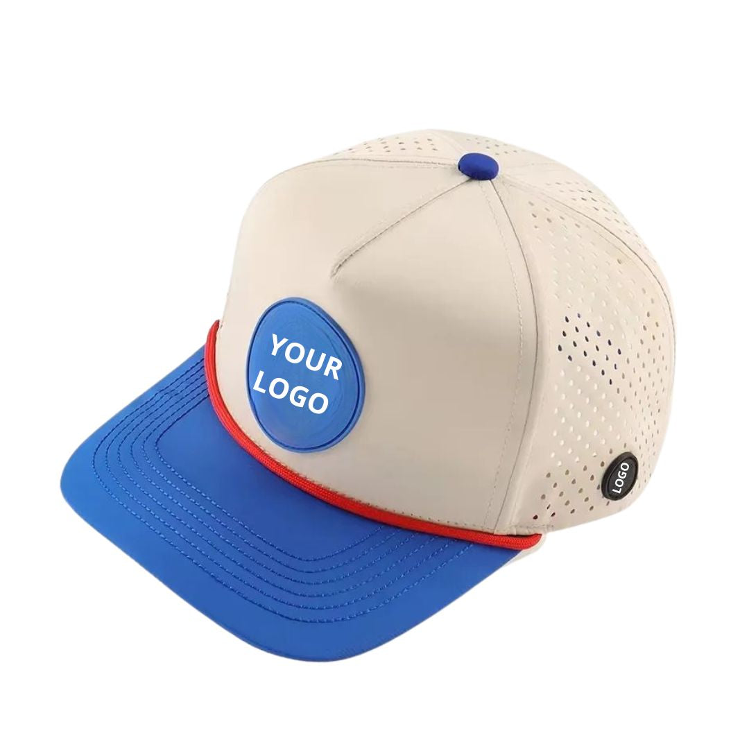 Custom Two-Tone Perforated Golf Cap with PVC Logo Patch - Side Angle View