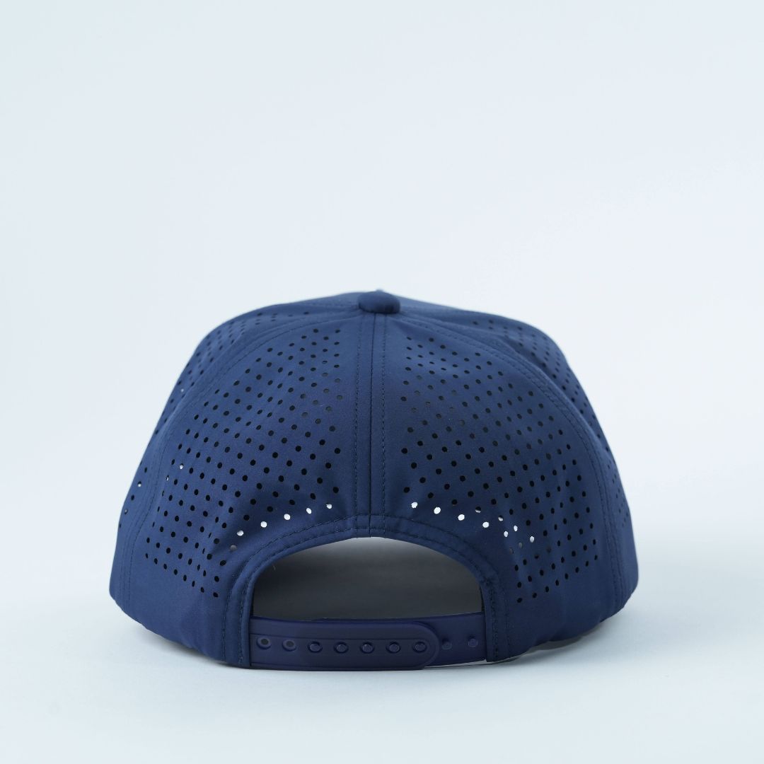 Custom Laser-Perforated Golf Snapback Cap - Back View Navy Blue Snapback