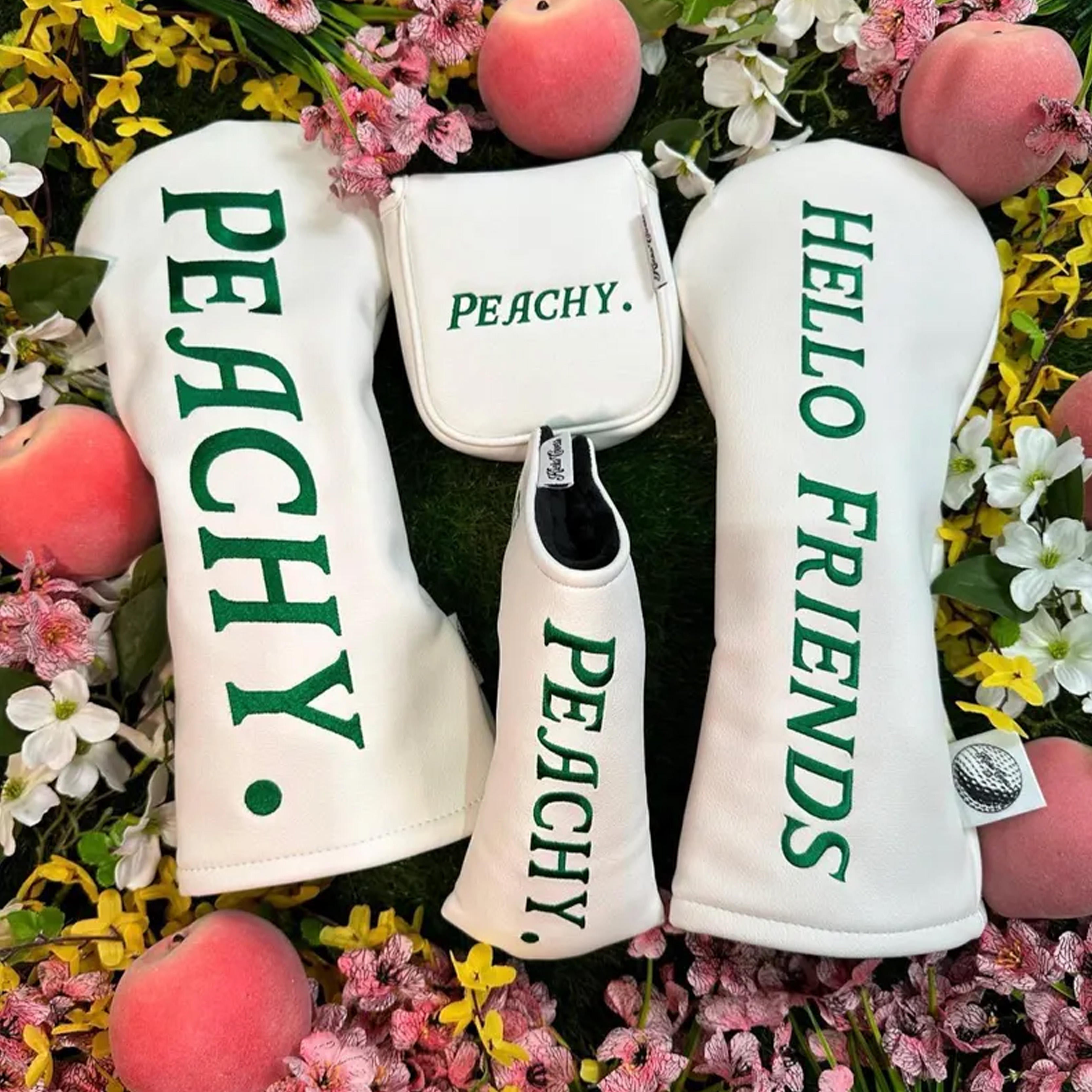 Text embroidery golf headcovers — PEACHY HELLO FRIENDS vertical bold text on white PU leather set