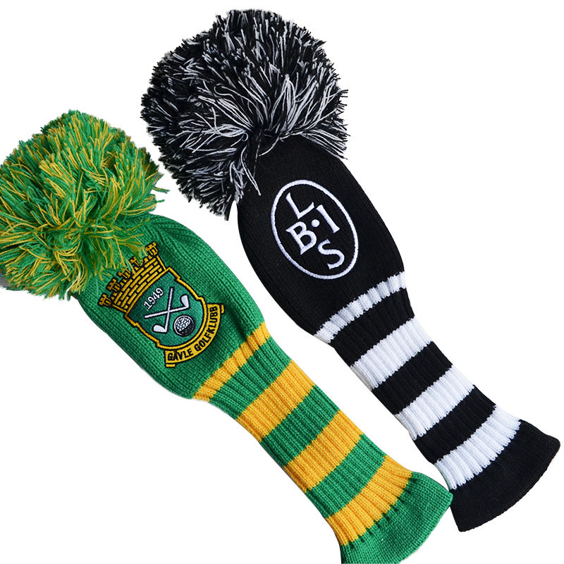 Custom logo knitted golf headcovers with pom-pom — green yellow and black white stripe