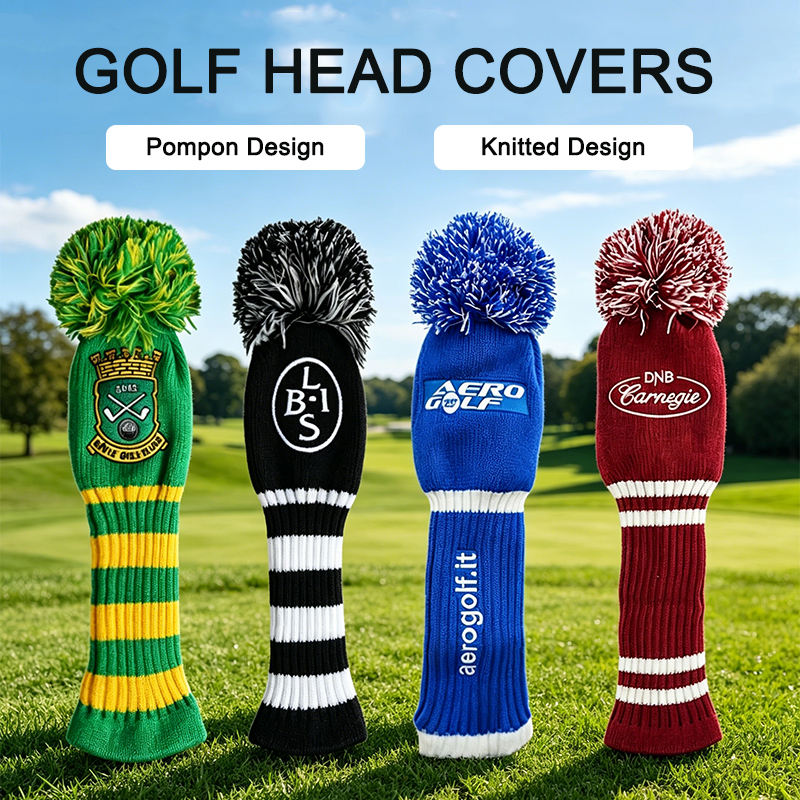 Blue knitted golf headcover detail — pom-pom top, custom embroidery, soft knit fabric features