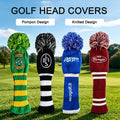 Blue knitted golf headcover detail — pom-pom top, custom embroidery, soft knit fabric features