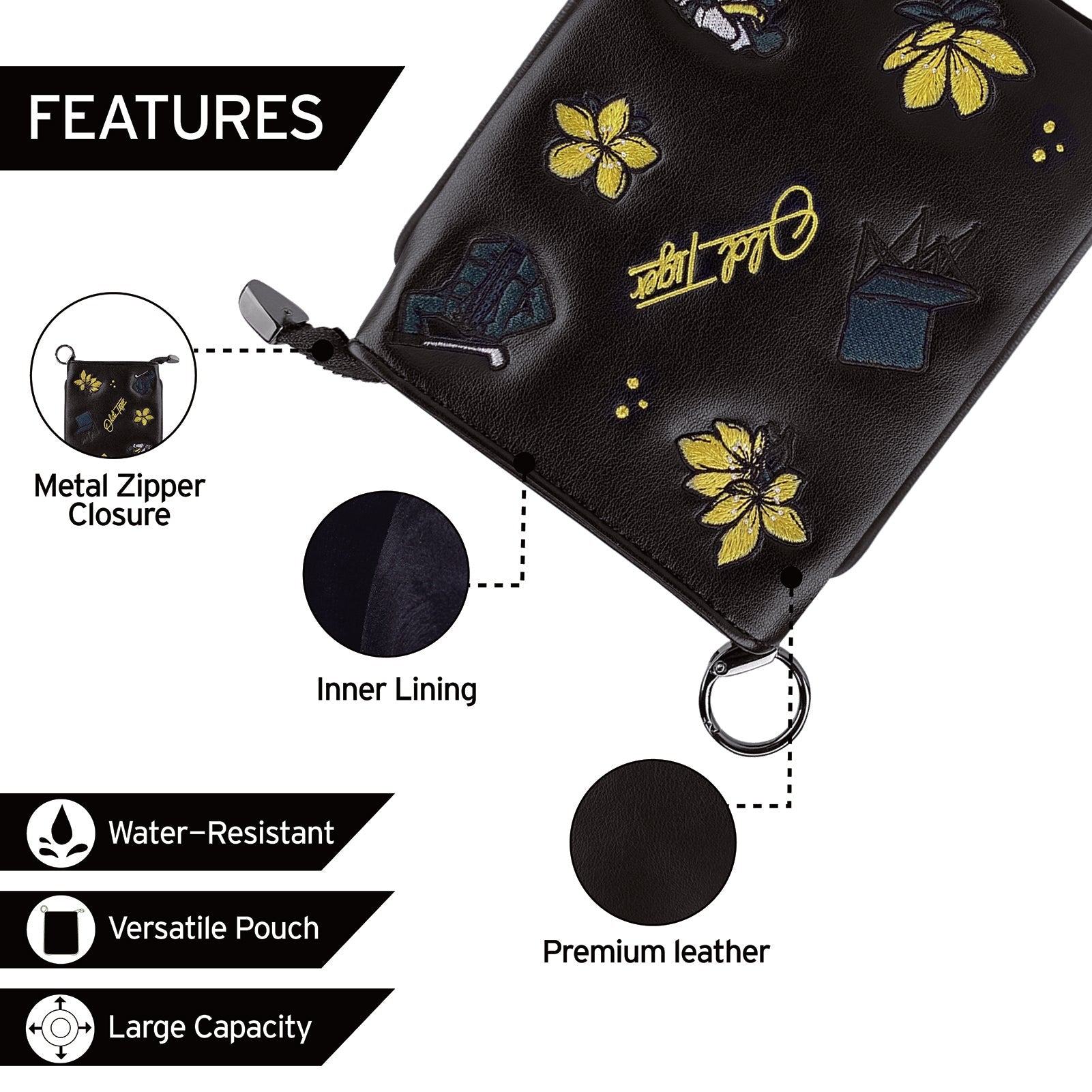 Black golf valuables pouch close-up embroidery detail water-resistant