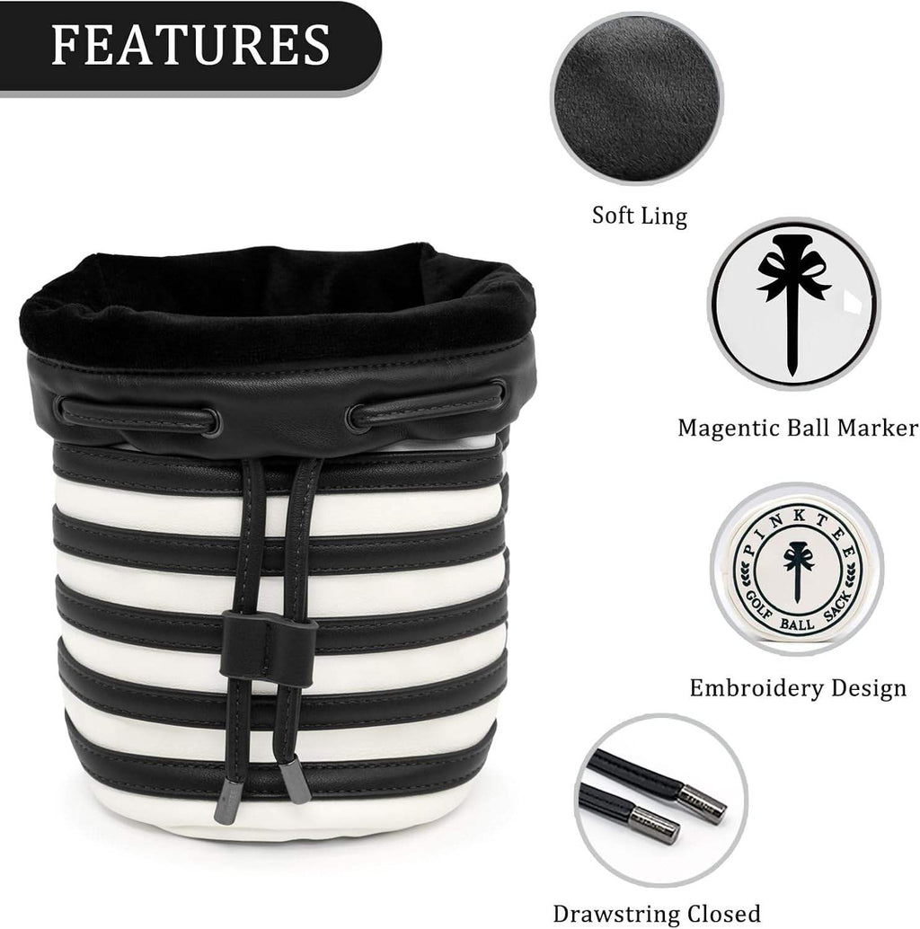 Striped Bucket Golf Valuables Pouch PU Leather Drawstring Ball Bag Black Green
