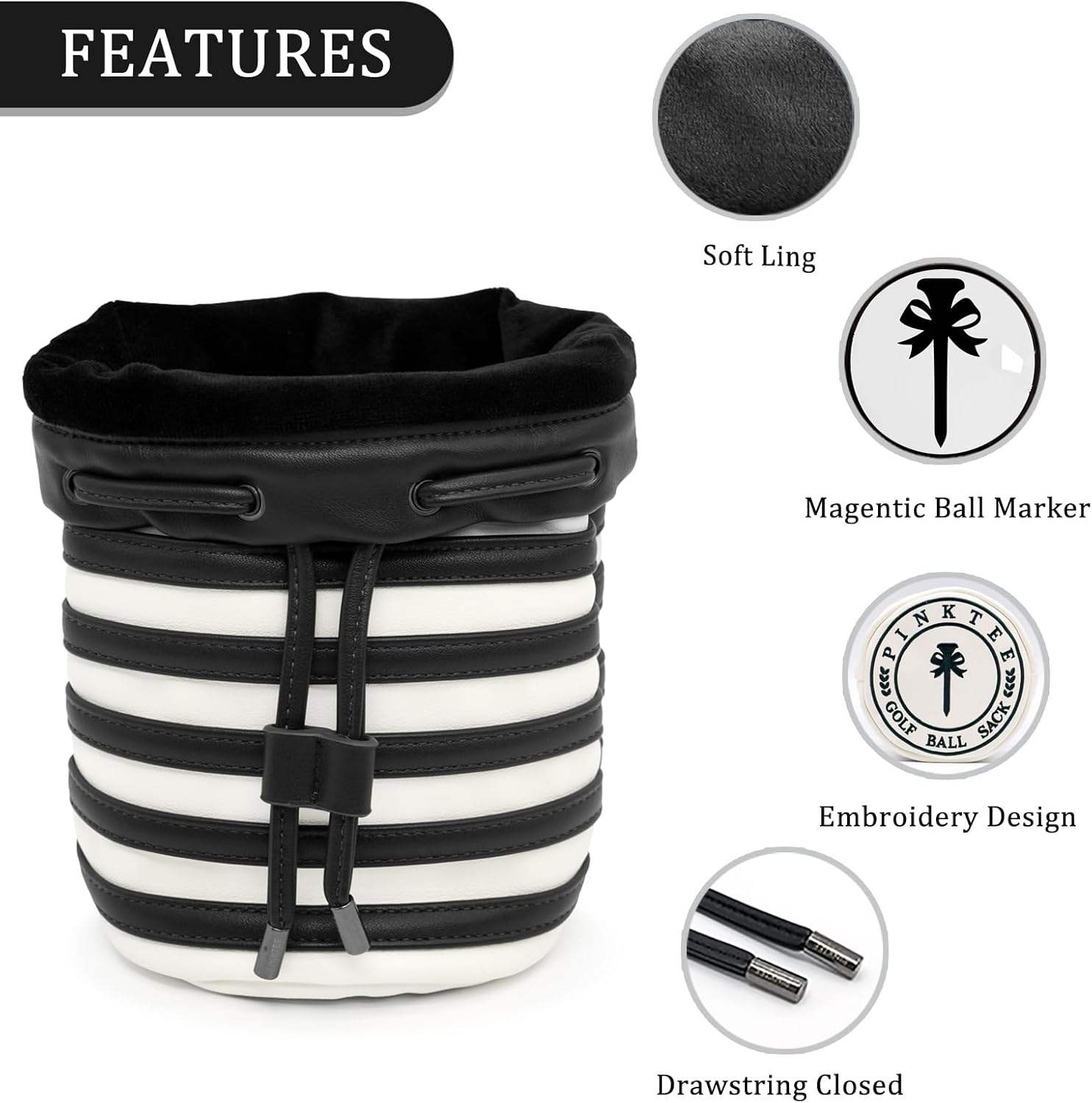 Striped Bucket Golf Valuables Pouch PU Leather Drawstring Ball Bag Black Green