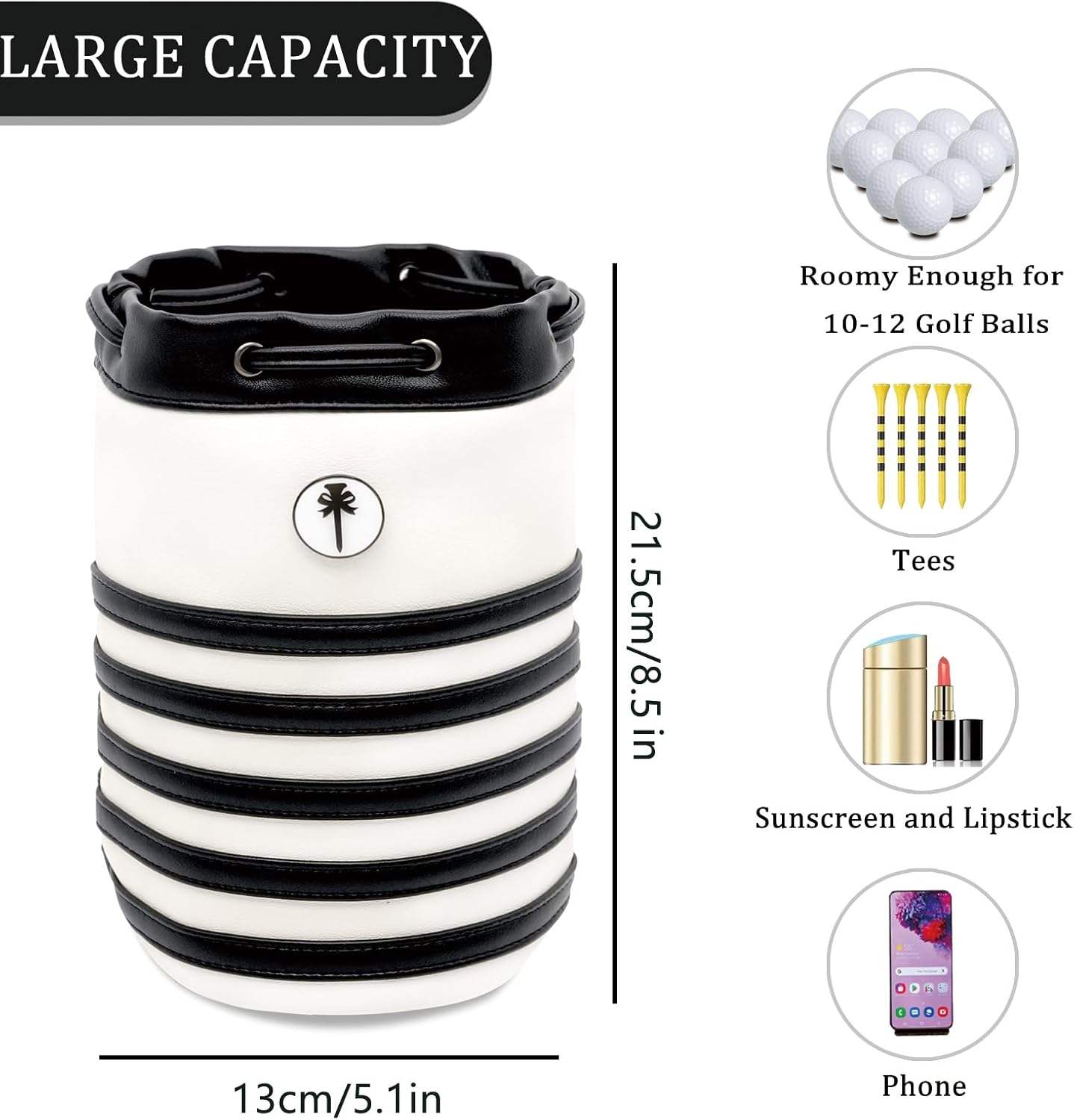 Striped bucket golf valuables pouch capacity - fits 10-12 golf balls tees phone