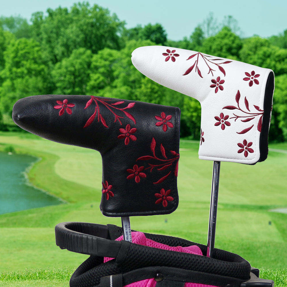 Embroidered Floral PU Leather Golf Putter Headcover Blade Mallet Inner Velvet OEM