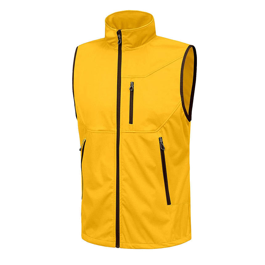 Yellow softshell golf vest full zip front view angle 2