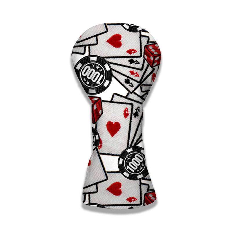 Playing cards casino chips embroidered golf hybrid headcover white PU leather front view