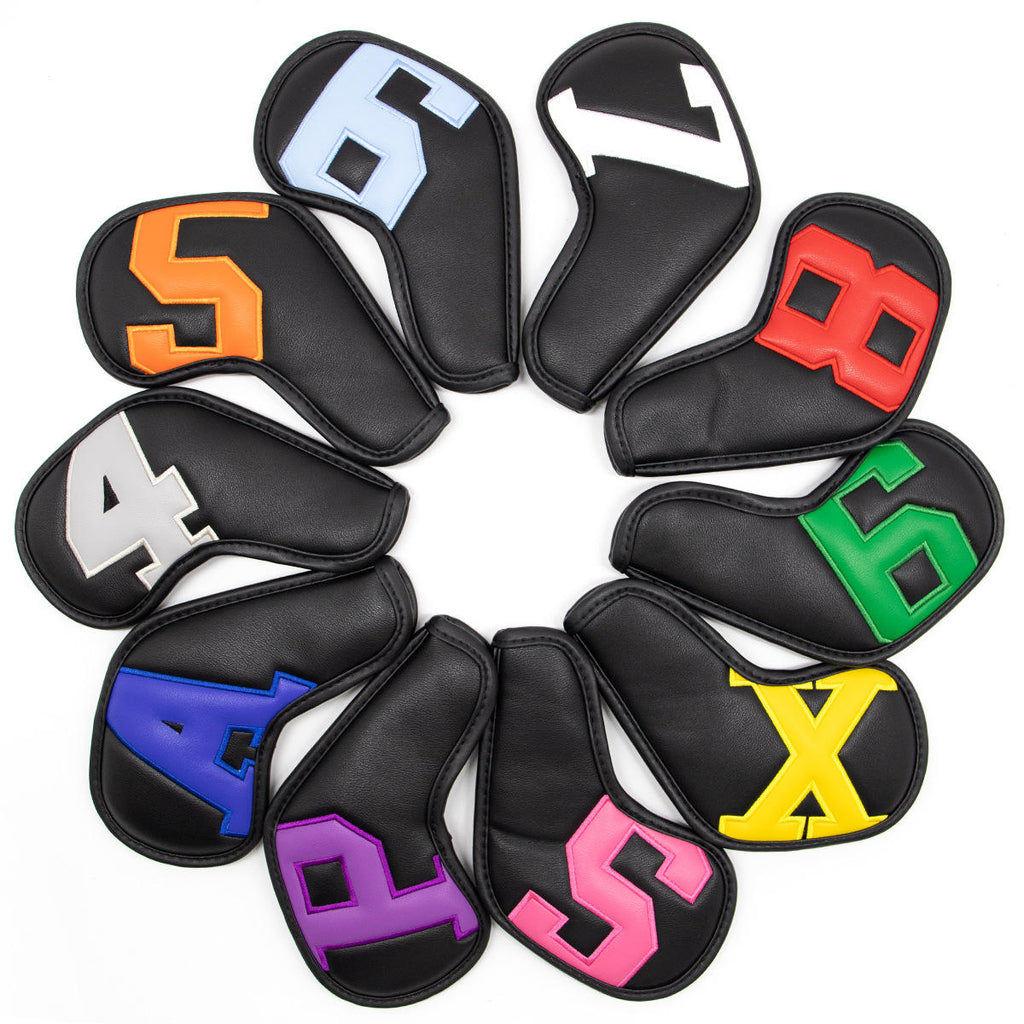 White PU leather numbered golf iron headcover set 10pcs black numbers front view
