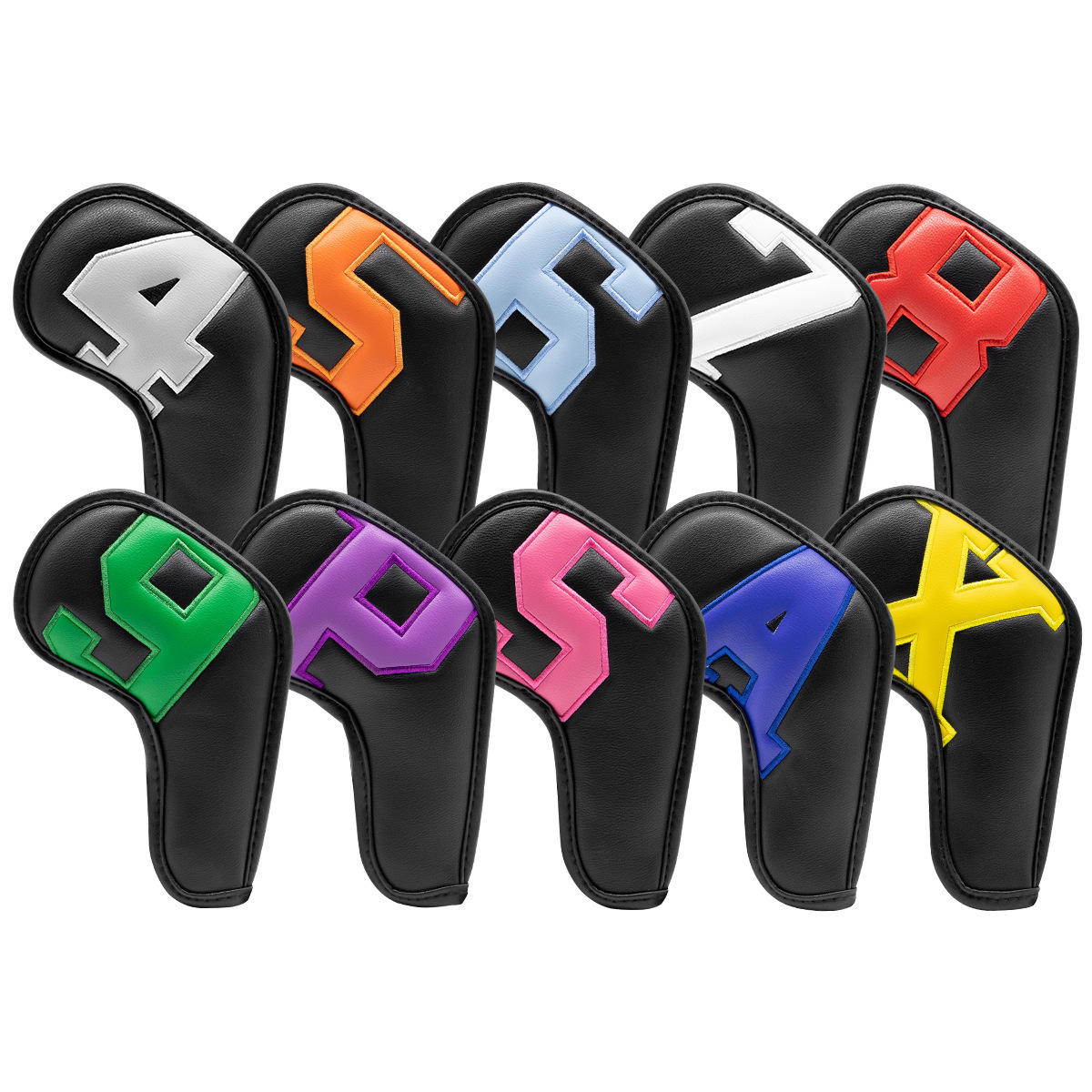 Black PU leather numbered golf iron headcover set 10pcs 4-9 P S A X multicolor front view