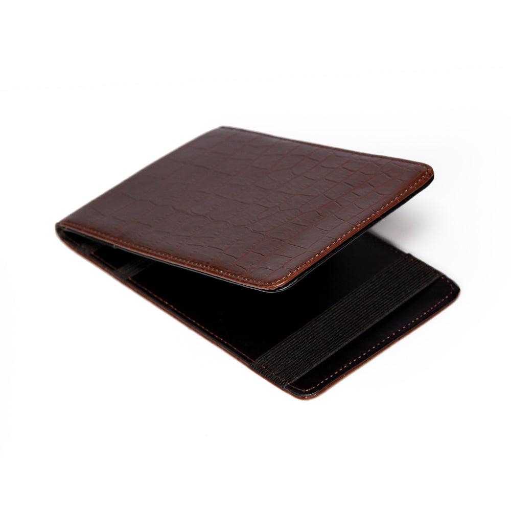 Brown crocodile embossed leather golf scorecard holder side profile view