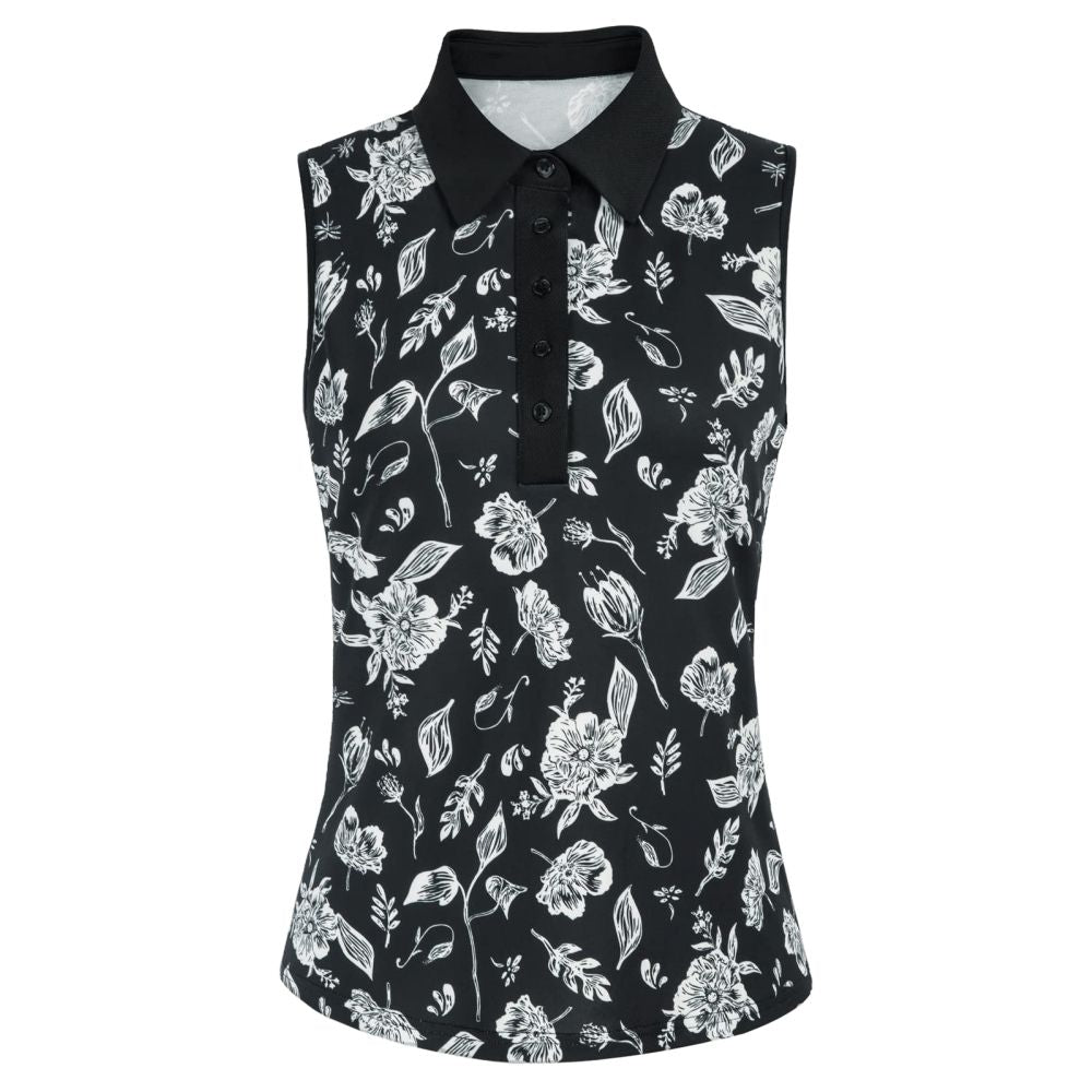 Women's sleeveless golf polo black base white floral print front view