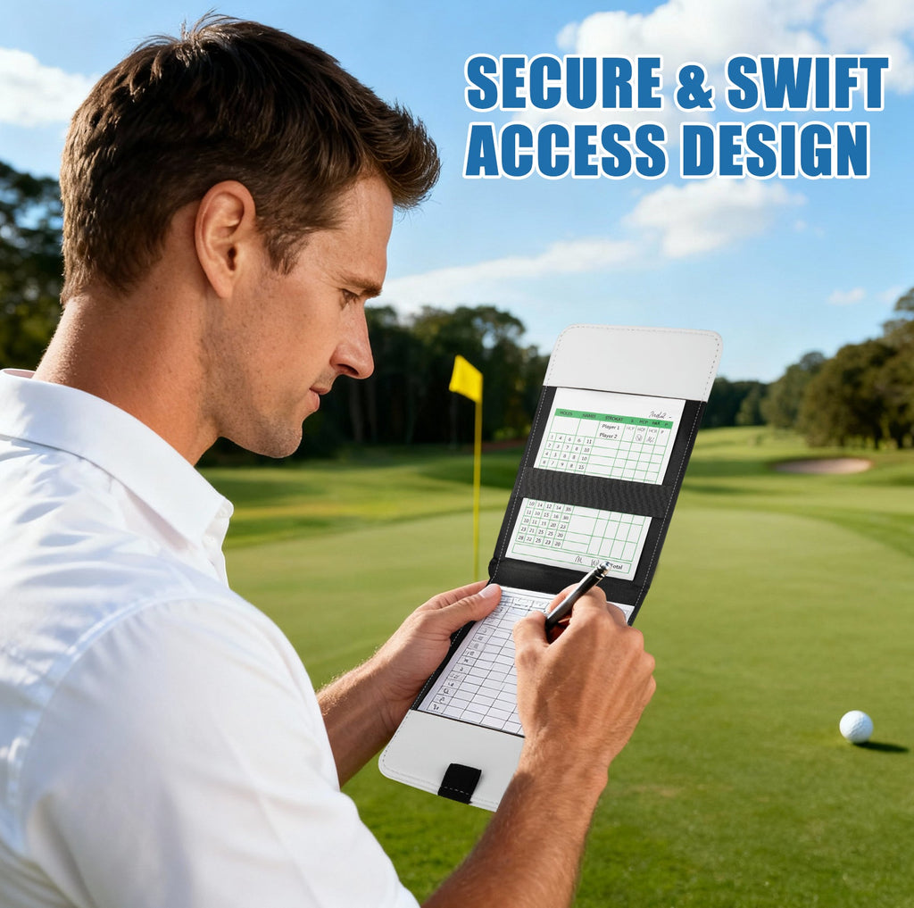 Golf scorecard holder in use on the course - secure swift access design