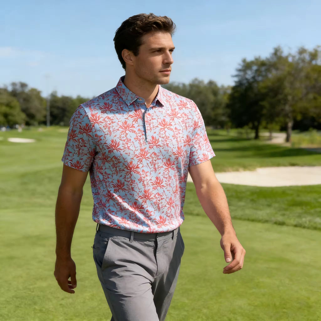 Men's golf polo sky blue red floral zip collar