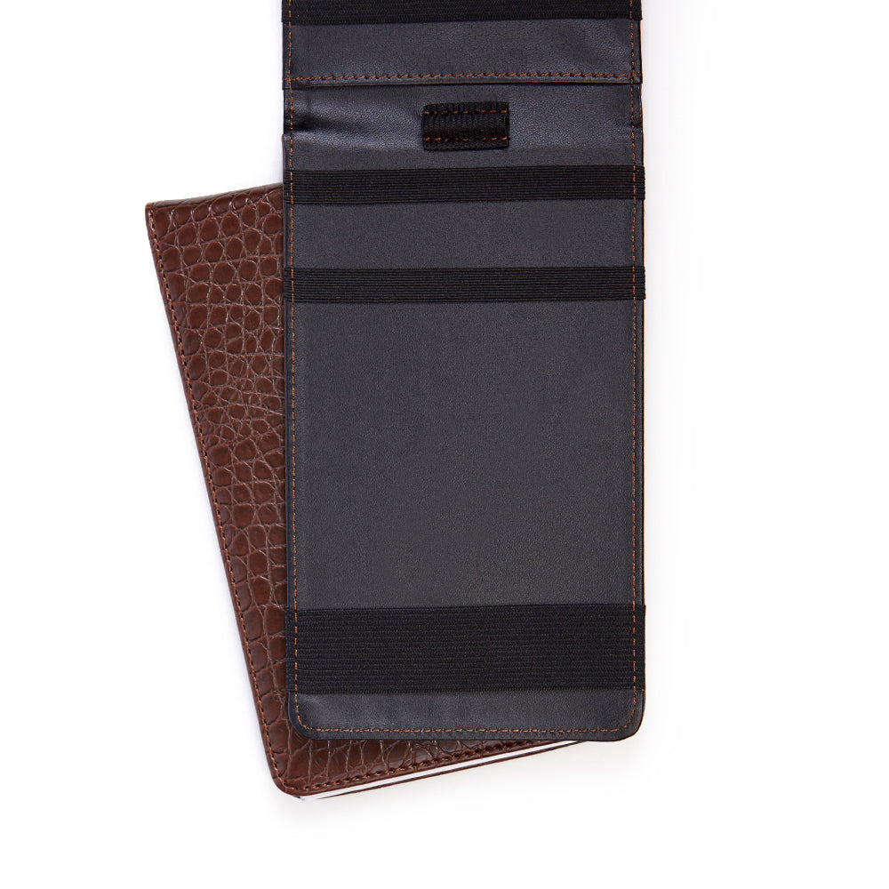 Dark brown crocodile grain leather scorecard holder standing upright