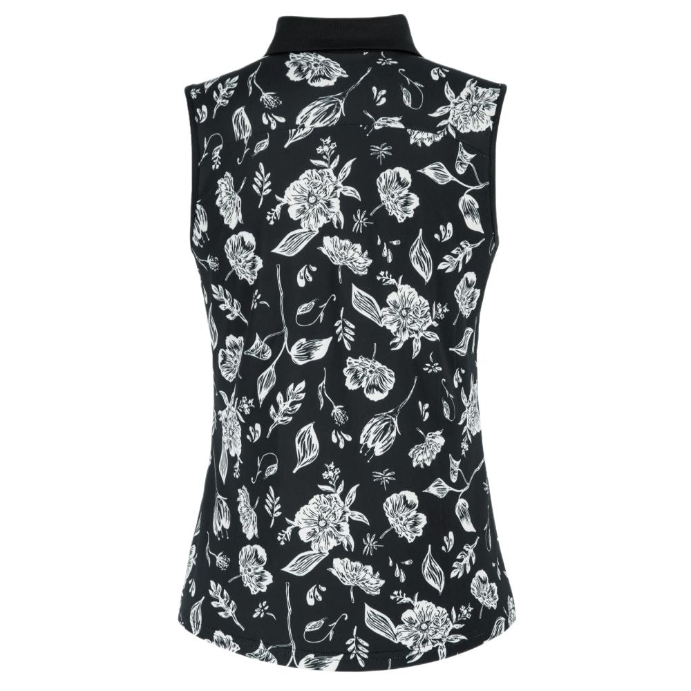 Women's sleeveless golf polo black base white floral print back view