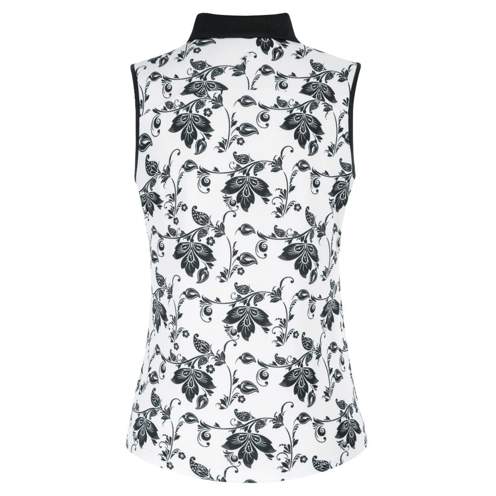 Women's sleeveless golf polo white base black floral print back view