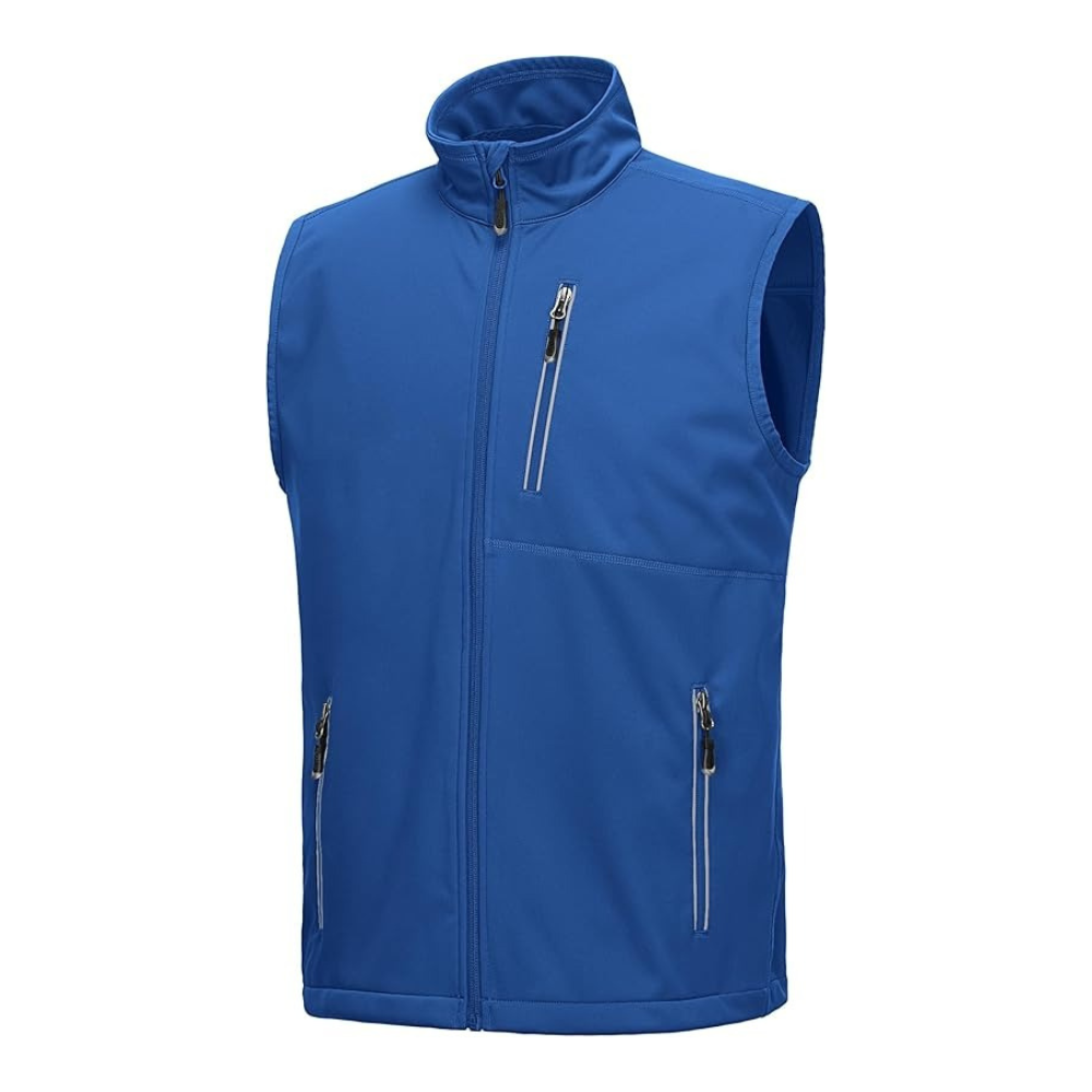 Royal blue softshell golf vest full zip front view