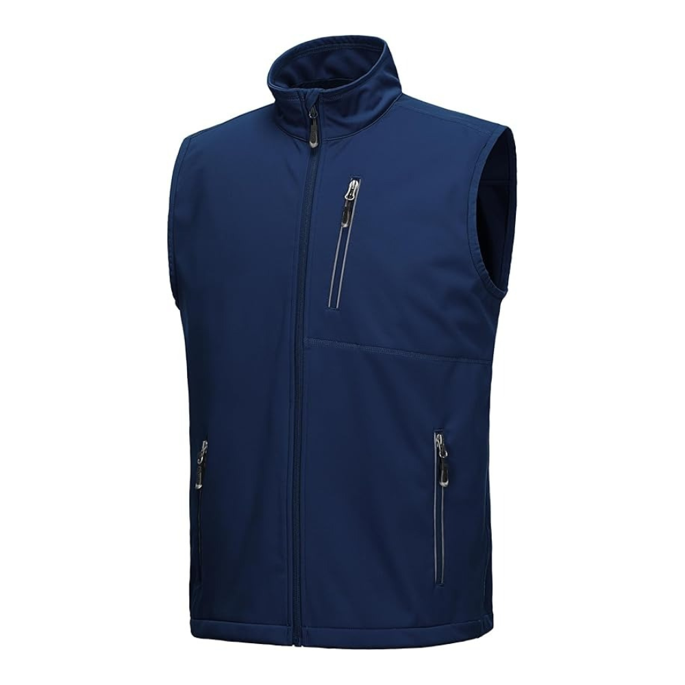 Navy softshell golf vest full zip front view
