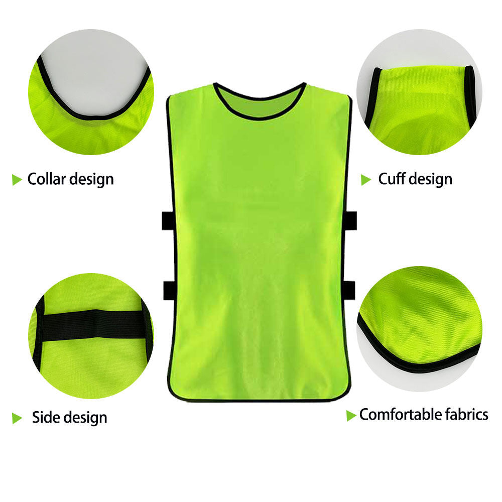 Neon green training bib front and back view with color options yellow blue pink
