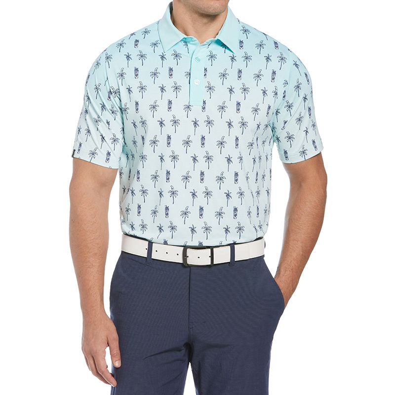 Men's golf polo shirt palm tree print mint front view