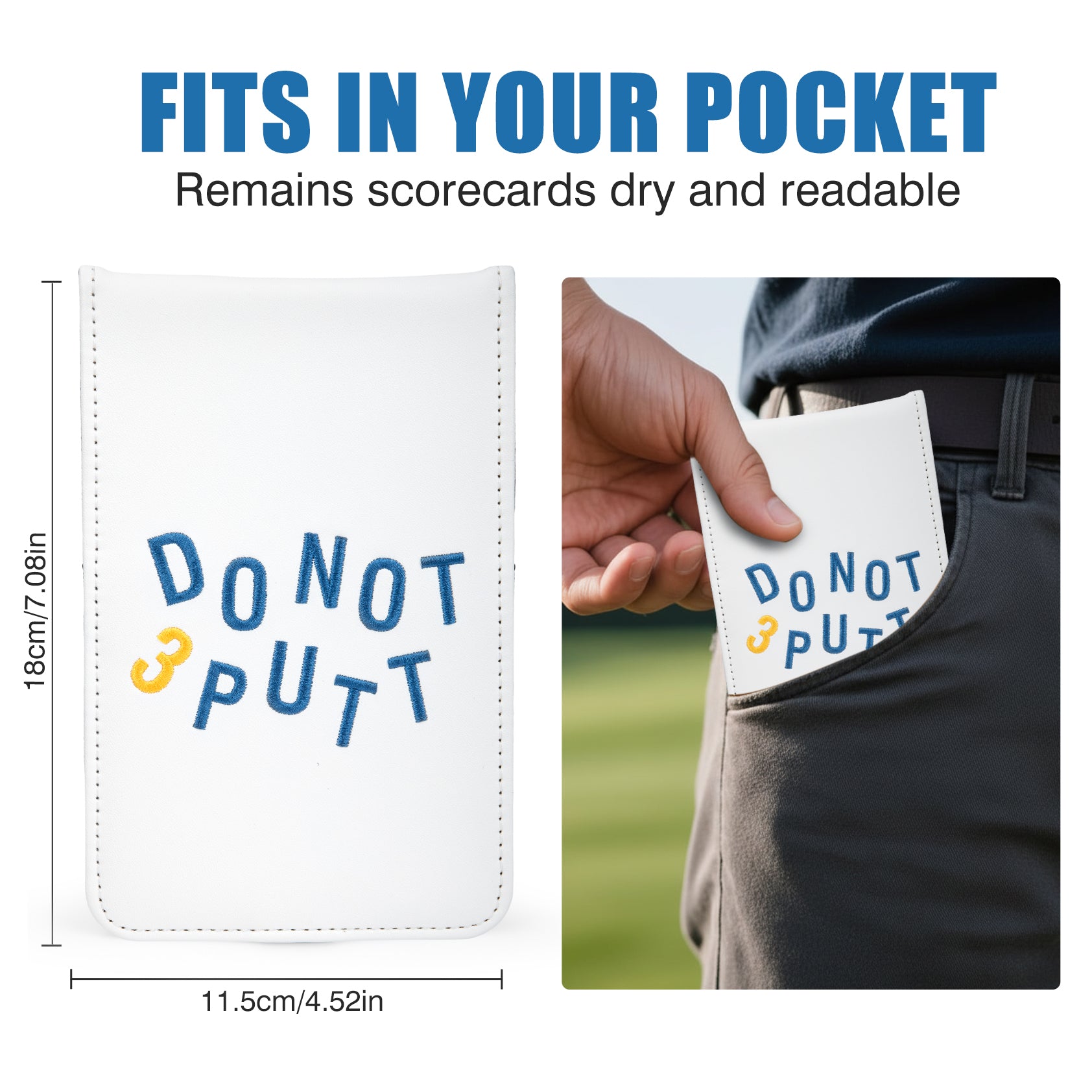 Pocket-sized golf scorecard holder 18cm x 11.5cm fits in pants pocket