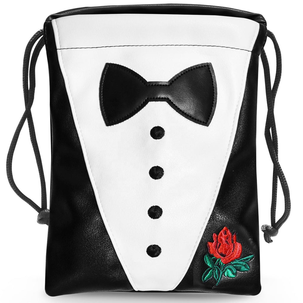 Tuxedo golf valuables pouch front view with bow tie and rose embroidery