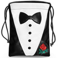 Tuxedo golf valuables pouch front view with bow tie and rose embroidery